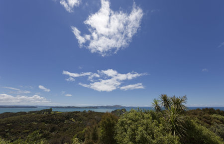 Bay of Islands with blue Sky and white Clouds - View from Flagstiff Hill in Russell, Northland,...
