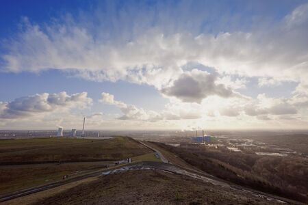Industrial District with large Heap and Power Plant - View from Halde Hoheward, Herten, North Rhine-Westphalia, Germanyの写真素材