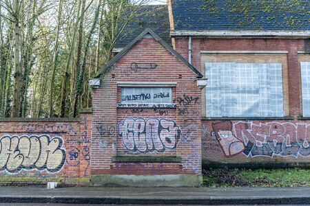 Doel Belgium December 24 2019 Abandoned village Doel in Belgium as a ghost town taken over by grafity street art near the the nuclear power plantのeditorial素材
