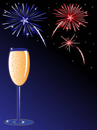Glass of champagne and fireworks in the background.のイラスト素材
