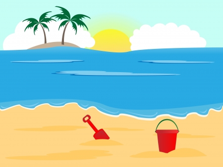 Summer holiday background, sunny beach with bucket and spadeのイラスト素材