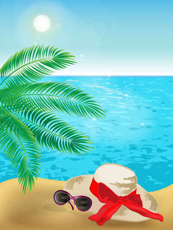 Summer background of sunny beach with palm tree, sunglasses, hat and blue sea.