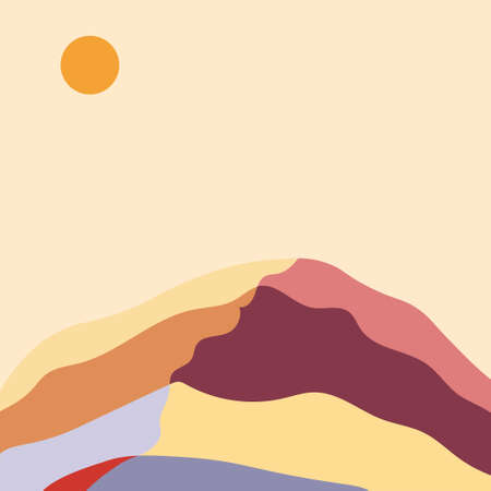 Abstract contemporary aesthetic backgrounds landscapes set with sunrise, sunset, night. Earth tones, pastel colors. Boho wall decor. Mid century modern minimalist art print. Flat design.のイラスト素材