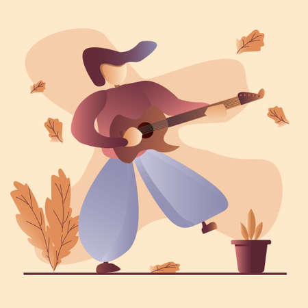 Happy young man playing guitar on autumn summer, relaxing weekend at garden, vector, illustrationのイラスト素材