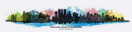 Doha Qatar Skyline, Vector Illustration. Business Travel and Tourism Concept, Doha Cityscape with Landmarks.のイラスト素材