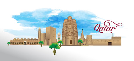 Doha Qatar Skyline, Vector Illustration. Business Travel and Tourism Concept, Doha Cityscape with Landmarks.のイラスト素材