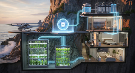 3D rendering of a modern house in the sea with a futuristic design