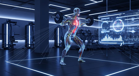 3D rendering of a male figure lifting a barbell in a gymの写真素材