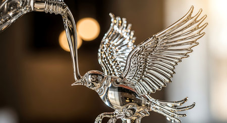 Crystal bird glass sculpture with pouring water. Unique design of decorative object. Studio shot of art. Interior decoration. Souvenir art object.の素材