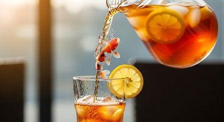 Action shot of goldfish leaping out pitcher, falling into glass with tea and citrus slice. Refreshing drink and aquatic art.の素材