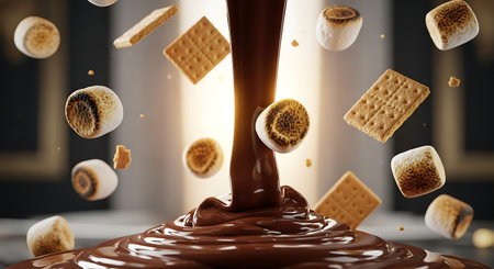 S'mores ingredients floating, delicious chocolate syrup, graham crackers marshmallows. Tasty sweet dessert treat food art.の素材