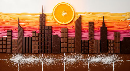 Chocolate cityscape art portraying sunrise above city skyline. Creative dessert arrangement with building silhouettes from sweet sugar food.の素材