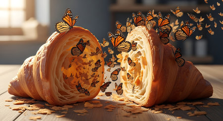 Artistic presentation monarch butterflies emerging from croissant split open on wooden surface symbolizes transformation beauty and fresh start.の素材
