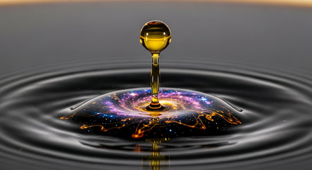 Oil drop collision forming galaxy abstract. Liquid sphere splash creating ripple effect in dark background. Universe and space concept.の素材