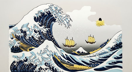 Recreation of  Hokusai's Great Wave Off Kanagawa using food products. Iconic art piece from Japan displayed alongside Mount Fuji depiction.の素材