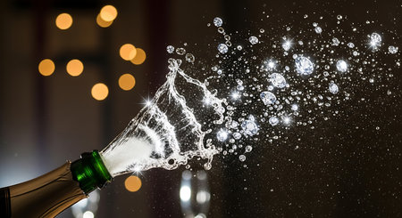 Celebration toast with champagne explosion. Sparkling drink splashing out of green bottle, festive event. Bubbly liquid motion for congratulation.の素材