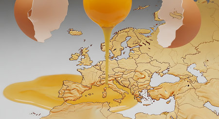 Egg yolk spilling across Europe country continent map.  Concept of European culinary influences ingredients. Fresh egg dripping food across Europe.の素材