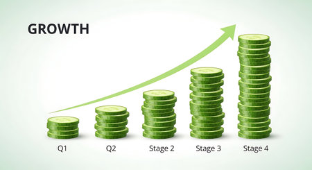 Illustration of growth chart symbolizes business success using sliced cucumbers on white demonstrating healthy development and progress.の素材