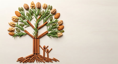 Overhead shot creative tree formed using nuts, cinnamon sticks, and greenery on white table. Healthy food conceptの素材