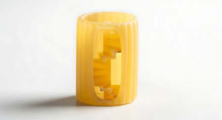 Single large paccheri pasta standing upright on white background. This ribbed pasta looks like hollow cylinder with spiral shape inside.の素材