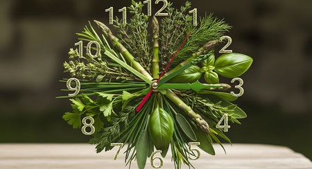 Clock made with variety of herbs like asparagus, thyme, rosemary, dill, parsley indicating time displayed on wooden table. Creative cooking concept.の素材