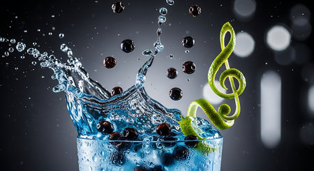 Lime peel treble clef blackberries in glass of sparkling water on dark backdrop. Refreshing fruit drink ingredients artistic studio compositionの素材