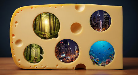 Surreal food concept of cheese slice with world exploration. City, nature, and ocean adventure imagery in conceptual design.の素材