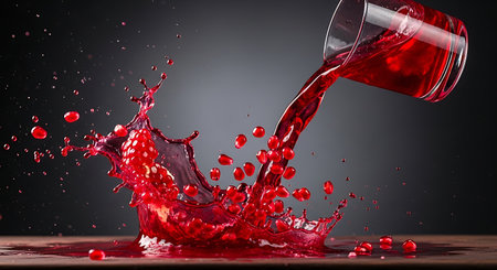 Dramatic pomegranate juice splash from glass with flying berries on dark background creating vibrant and refreshing scene for promotion.の素材