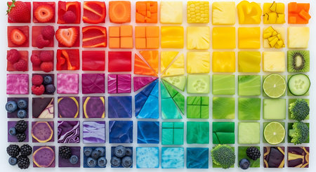 Colorful variety of fruits vegetables arranged in rainbow spectrum food flat lay.  Fresh produce arrangement for vibrant healthy nutrition balance diet.の素材