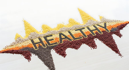 Assortment Healthy Grains Seeds Spell Out Word Healthy. Natural nutrition, healthy diet and organic food. Healthy lifestyle concept.の素材