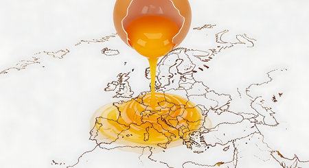 Yolk spilling over Europe map outline creative food conceptual design. Egg breaks, Europe concept, global impact, food crisis, breakfast.の素材