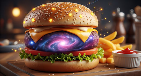 Imaginative burger features galaxy meat, starry bun, and fresh toppings served with fries. Visual appetizing food, fun food design.の素材