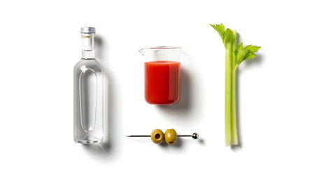 Flat lay composition of Bloody Mary ingredients.  Includes drink in glass, vodka bottle, celery stalk, and skewered olivesの素材