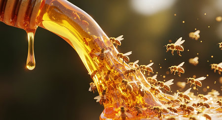 Honey bees pouring nectar as sweet liquid gold. Honeycomb apiary pollination during harvest season in close-up shot.の素材