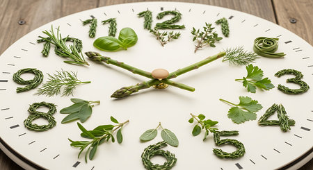 Clock made from various herbs and greens showing health time schedule. Rosemary, basil, and asparagus creating time management of healthy eating lifestyle.の素材