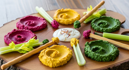 Close up shot of healthy colorful hummus platter with various vegetables and breadsticks served on wooden board as appetizer snack.の素材