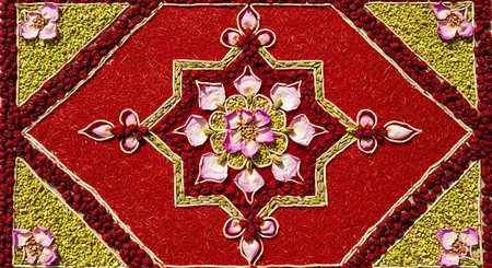 Ornate floral food art composition with saffron pistil seeds and petals. It is pattern design and decoration.の素材