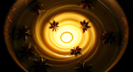 Spiced chai tea swirl with anise stars. Elegant hot beverage with creative top-down shot, perfect for backgrounds or illustrations.の素材