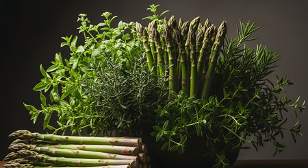 Fresh Herbs Still Life features asparagus rosemary thyme oregano culinary ingredients cooking fresh and vibrant green herbs are asparagusの素材