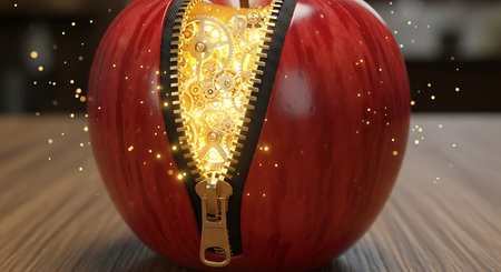 Apple clockwork gears inside with zipper. Concept idea of mechanical design. Food innovation creative still life. Healthy fresh nutrition close up.の素材