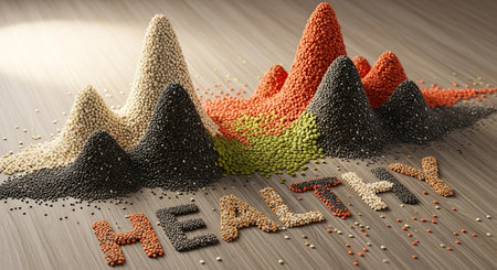 Healthy food concept with assorted seeds formed mountain shapes. Lettering healthy on wooden background. Wellbeing and organic dietの素材