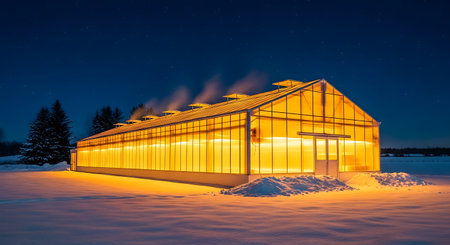 Illuminated greenhouse on snowy landscape. Starry sky night scene with agriculture building. Warm light glows from the structure against cold winter.の素材