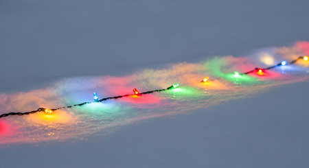 String lights on snowy ground provide winter season decoration. Colorful illumination shows festive atmosphere.の素材