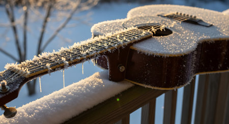 Acoustic guitar with frosty ice formation in cold weather outdoor musical instrument. Strings winter. Detailed closeup shot background.の素材