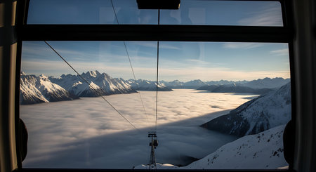 Spectacular winter scenery through cable car window. Snow capped mountains above valley filled with clouds. Scenic alpine landscape viewpoint.の素材