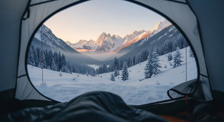 Scenic mountain view from tent snowy winter landscape. Adventure in nature with snow covered mountain peaks from camping tent.の素材
