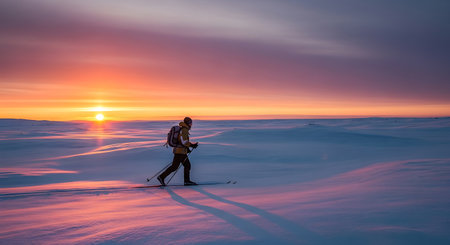 Cross-country skiing in arctic sunset. Silhouette with warm colors scenery with sun landscape. Travel trip exploring new adventure vacation.の素材