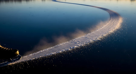 Close up of ice skate blade cutting across frozen lake, marking frozen trail. Winter sport adventure outdoor activity.の素材