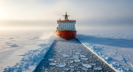 Icebreaker ship crushing ice. Arctic ocean cold polar exploration voyage. Ice-breaking vessel navigates the frozen sea.の素材