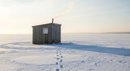 A lonely ice fishing shack sits isolated on a vast frozen lake winter landscape with footprints in the snowの素材